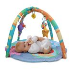 BAYBEE 2 in 1 Cotton Play Gym Mat for Babies, New born Baby Playing Crawl Mat with 5 Hanging Toys & Soft Arc Parental Handle | Activity Play Mat | Play Gym for Babies 0 to 12 months Boy Girl (Round)