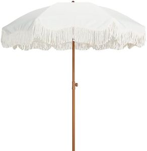 AMMSUN Boho Outdoor Umbrella with Tassels, 6.5ft Fringe Beach Umbrella, UPF50+ Picnic Umbrella Outdoor Patio with Steel Pole and Push Button Tilt, Antique White