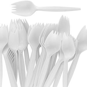 BPA-Free White Disposable Sporks 250 Pk. Recyclable, Eco-Friendly and Kid-Safe 2-in-1 Utensils Built Strong to Last Large Meals. Great for School Lunch, Picnics or Restaurant and Party Supply