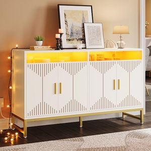 YITAHOME Sideboard Buffet Cabinet with Power Outlet, Modern Kitchen Storage Cabinet with LED Light, 55" Large Accent Cabinet Cupboard Buffet Table with Storage for Dining Room, Kitchen, Hallway, White