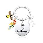 Bee Happy Keyrings for Women Men Personalized 26 Letters A-Z Initials Alphabet Key Rings Birthday Gifts Christmas Gifts (T)