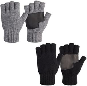MAYLISACC Winter 2 Pairs Knit Fingerless Gloves Half Finger for Men with Leather Grip for Texting Typing (Black & Grey)