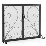 COSTWAY Fire Guard with Double Doors, Wrought Iron Mesh Fireplace Screen with Floral Decoration, Stable Support Rear & Front Brackets, Spark Flame Barrier Safety Fence for Log Burner