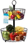 BIRDROCK HOME 2 Tier Wire Fruit Basket Bowl - Round Metal Standing Storage Baskets for Kitchen Counter - Tiered Vegetable, Garlic Caddy Stand - Rustic Farmhouse Decor - Metallic Iron Style - Black