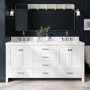 ARIEL Cambridge 72-inch Bathroom Vanity with Sink,Solid Wood, 1.5-inch Pure White Quartz Countertop & Backsplash, Double Rectangular Porcelain Sink, 4 Soft Closing Doors, 6 Dovetail Drawers, White