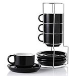 Sweejar Home Ceramic Espresso Cup Set of 4, 120ml Stackable Cappuccino Cups with Saucers and Metal Stand, Porcelain Mug for Coffee Drinks, Latte, Tea (Black)