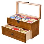 WELLAND Large Capacity Vintage Wood Tea Bag Box, Tea Storage Chests with Clear Lid & 2-Layer 14 Compartments