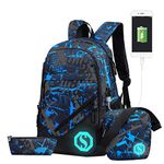 Boy Girl Unisex 20L Fashion School Bag Backpack with Florescent Mark 3 Sets/2 Sets (20L, USB ColorG 3 Sets)