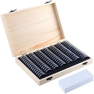 TsunNee 100PCS Coin Holder Case, Wooden Coin Storage Box with Round Coin Capsules, Coin Storage Case with Plastic Coin Organizer for Coin Collectors, Wood Colour, Open and Close