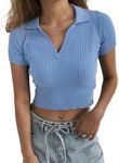 Hyipels Women Knit Crop Polo Shirts,Summer Short Sleeve Ribbed Collared T-Shirt Solid Fitted V Neck Tops Blue