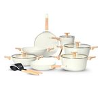 Kreme Ceracook Granite Ceramic Cookware Set of 7pcs| Forged Aluminium Body| Ceramic Nonstick| Gas & Induction Compatible| ISI Certified | Taffeta Ivory