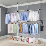 Youyijia Telescopic Clothes Rail Heavy Duty Clothes Rack Wardrobe Organizer Garment Rack Adjustable Height 257-305cm Width 233-393cm Extending Hanging Rail for Bedroom 4 Poles 6 Bars White