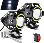 Motorcycle LED Fog Lights U7 Spotlight Daytime Running Lights with White Angel Eyes Halo Ring and Switch 2-Sets