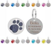 Personalised Engraved Pet ID Tags for Dogs & Cats - Customised with Your Choice of Text on a Round Glitter Paw Print Stainless Steel Tag - Choice of Sizes & Colours (Black, Standard - 25mm)