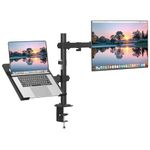 Dyazo Dual Monitor Desk Mount with Laptop Tray | Fits 13–32" Monitors & 10–15.6” Laptops | Fully Adjustable Arms with Height Adjustment & 360° Rotation | Dual Mount with C-Clamp/Grommet Base (Black)
