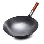 BESTHINKY 12.5inch Carbon Steel Wok, Profession Chinese Traditional Hand Hammered Carbon Steel Pow Wok with Wooden Handle and Steel Helper