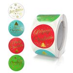 Christmas Stickers Roll 1.5 Inch Merry Xmas Sticker Removable Waterproof Round Happy Holiday Labels for Envelope Seals Gifts Cards Kids 500 PCS