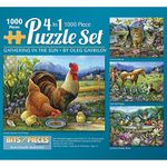 Bits and Pieces - Multipack of Four (4) 4-in-1 1000 Piece Jigsaw Puzzles for Adults - Puzzles Measure 20" x 27" - 1000 pc Cat Puppy Rooster Family Summer Garden Birds Jigsaws by Artist Oleg Gavrilov