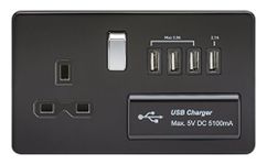 Knightsbridge SFR7USB4MB Screwless 1G 13A Switched Socket with Quad USB Charger 5V Dc 5.1A-Matt Black with Chrome Rocker