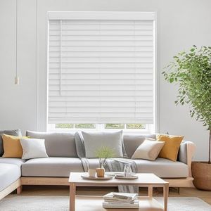 Faux Wood Blinds for Indoor Windows, 72" Width x 84" Height Cordless Window Blinds with Valance for Home, No-Hole Privacy Slats,2" White Blinds for Kitchen, Bathroom & Living Room