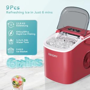 EUHOMY Countertop Ice Maker – 9 Cubes in 6 Mins, 2 Sizes, 12kg/24h, Red
