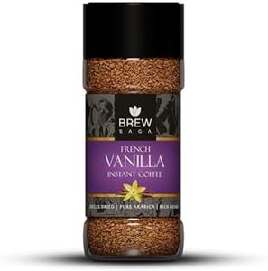 BREWSAGA French Vanilla Instant Coffee | 100% Arabica | Freeze-Dried | Flavoured Coffee | No Added Sugar | Makes 50 Cups | 100 Gram