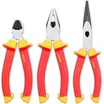 Effektwerk 3 pc Electricians Pliers Set, Insulated & VDE Tested for Safety, Heavy-Duty Combination, Long/Needle Nose & Side Cutters/Diagonal Cutting Pliers, Multi-Purpose Tools w/Comfort Grips