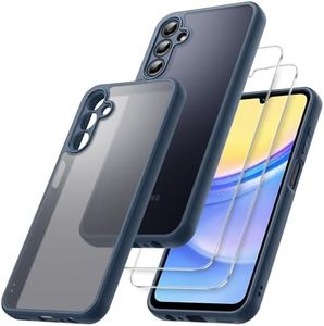 JETech 3 in 1 Matte Case for Samsung Galaxy A15 5G / 4G 6.5-Inch with 2-Pack Tempered Glass Screen Protector, Translucent Frosted Shockproof Phone Cover with Camera Protection (Navy)