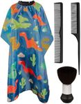 Flagsky Kids haircut cape and Neck Duster Brush Hair Comb Set,hair cutting cape with Adjustable Closure barber cape (Blue Cartoon Dinosaur)