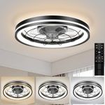 Bladeless Ceiling Fan with Light and Remote, 20" Low Profile Ceiling Fan with Dimmable Light, Flush Mount Enclosed Ceiling Fan with Quiet Reversible Motor for Bedroom Dining Room, Ventilateur Plafond