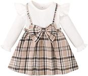 Qiraoxy Baby Girl Dress Ruffle Long Sleeve Bow False Suspender Dresses Ribbed Knit Dress Splicing Strap Plaid Skirt Toddler Girl Spring Clothes Outfits Khaki