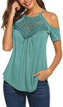 Bluetime Women's Casual Short Sleeve Flowy Lace Cold Shoulder Summer Tops Blouses Basic Tee Shirt (S, Teal Green)