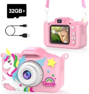 PROGRACE Kids Camera for Boys Girls - Dual Selfie Mini Children Camera Age 3 4 5 6 7 8 9 Year Old Kids Camcorder Birthday Gifts for Girls Boys Toy Camera for Kids Video Camera Recorder, Unicorn