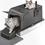 Stainless Steel Cat Litter Box with Flip Lid, XXL Enclosed Cat Litter Tray with Scoop, Step & Litter Mat, Front & Top Entry, Non-Stick Metal Cat Toilet with Carbon Filter for Large Cats
