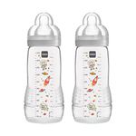 MAM Easy Active Baby Bottle with Fast Flow MAM Teats Size 3, Twin Pack of Baby Bottles, Baby Feeding, 330 ml, Grey (Designs May Vary)