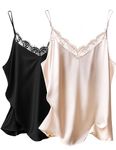 Ekouaer Women's 2 PCS Silk Satin Tank Top Lace Cami Spaghetti Strap Top V Neck Camisoles Black & Champagne M