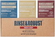 Rinse & Robust Mens Bar Soap Bath Bar Soap 3Pack Handmade Natural Soap Bar Set Cleansing Bar Moisturizing&Exfoliating Scrub Soap Gift Set for Men | Leather, Sandalwood, Teakwood | 3.5 oz of 3 Bars