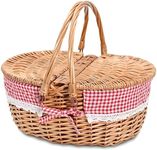 Large 15.4" Wicker Picnic Basket with Removable Liner Empty Picnic Baskets with Lid, Picnic Hamper with Foldable Handles for Picnic,Checkered