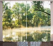 Ambesonne Nature Curtains, Surreal Misty Lake Scene in The Forest Woodland Sunny Summer Morning Image, Living Room Bedroom Window Drapes 2 Panel Set, 108" X 84", Olive and Fern Green