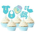 Gyufise 30Pcs It's a Boy Cupcake Toppers Blue Glitter Nipple Onesie Jumpsuit Baby Boy Cupcake Picks Swan Bib Cake Decorations for Baby Shower Boy Birthday Theme Party Supplies