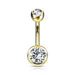 PiercedOff Titanium Gold Tone IP Belly Bar with Externally Threaded Clear CZ Gem Balls - Thickness 14GA (1.6mm) / Length 10mm / Ball Sizes 5mm Top Ball and 8mm Lower Ball