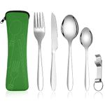 Vicloon Camping Cutlery Set, 5PCS Stainless Steel Flatware Set with Bottle Opener, Travel Cutlery Set Spoon Knife and Fork with Storage Bag for Camping Picnic Office School Lunch, Green