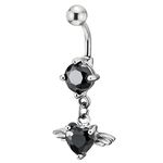 COOLSTEELANDBEYOND Steel Belly Chain Button Ring Body Jewelry Piercing Navel Ring with Black Heart Cubic Zirconia