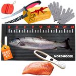 Fish Fillet Mat Kit with Fish Ruler Decal and Fillet Knife, Cutting Gloves. Large 28"x14" Nonslip Fish Cleaning Mat that Grips the Fish - Durable & Easy to Clean, Portable Fish Cutting Board