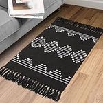 LINROMIA Black and White Area Rugs Indoor Small Door Mat 60 x90 cm Vintage Boho Washable Cotton Throw Rug Floor Carpet with Hand Woven Tassel for Bedroom Bathroom Kitchen Entrance