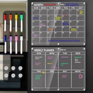 Magnetic Acrylic Calendar for Fridge, 2 Pack Clear Dry Erase Board for Refrigerator, Monthly Planner and Weekly Planner with 8 Colorful Markers, Meal Planner Menu Board for Fridge -14.5''*11.5‘’