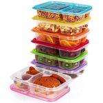 Kurtzy Bento 7 Pack x 3 Compartment Lunch Box Reusable Food Containers - Microwave, Dishwasher & Freezer Safe - Stackable Plastic Leakproof Lunch Meal Prep Boxes with Lids for Adults & Kids