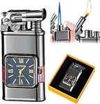 Windproof Lighter Vintage Watch Bezel Jet Flame Torch, Pocket Watch Bezel Jet Windproof Lighter for Men, Windproof Flames Lighter, Refillable Butane Lighter, Vintage Lighter for Camping (Black, E)