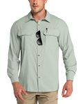 Outdoor Ventures Men's Long Sleeve Shirts UV Protection Outdoor Shirts Breathable Button-Down Shirt Wicking Quick Drying Safari Shirt with Pockets for Hiking Fishing Golfing, Ice Green, XXL