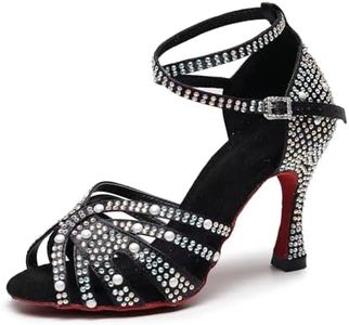 BREXLI Women’s Rhinestone Salsa Latin Dance Shoes Pearl Ballroom Satin Dance Shoe Bachata Practice Dancing Shoes Black US9.5